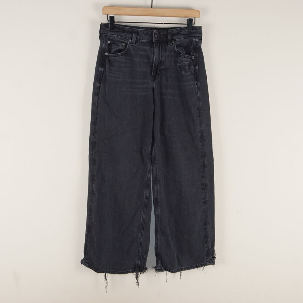 American Eagle Strigid Super Hi Rise Wide Leg Ankle Baggy Black Jeans Sz 4